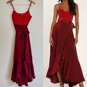 NWOT Burgundy Color Block Satin Ruffled Maxi Dress